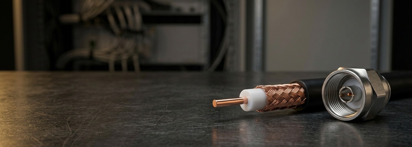 Coaxial cable end stripped for termination next to a threaded RF coax connector installed on a finished cable