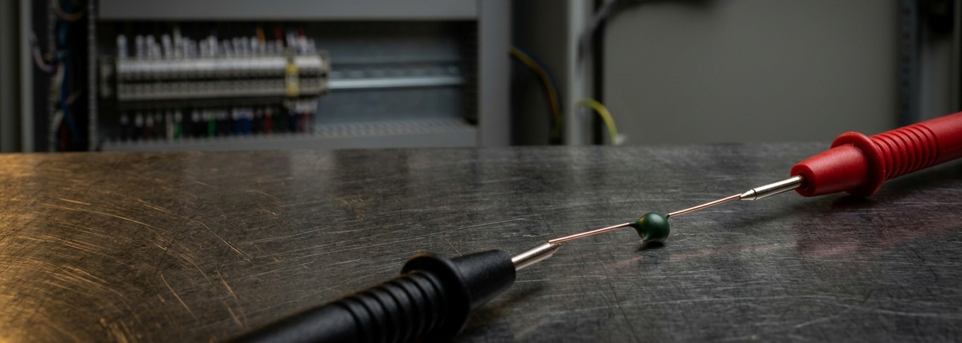 NTC thermistor temperature sensor being tested with multimeter probes on an industrial workbench