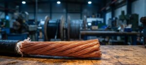 Stripped copper cable conductor showing individual strands on a workbench in an industrial cable manufacturing facility