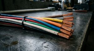 Color-coded electrical wire bundle showing black, red, blue, white, green, orange, yellow, and brown conductors with exposed copper strands on an industrial workbench