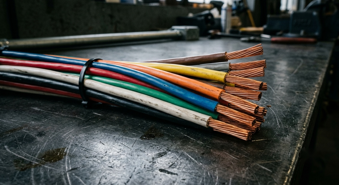 Color-coded electrical wire bundle showing black, red, blue, white, green, orange, yellow, and brown conductors with exposed copper strands on an industrial workbench