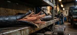 Frayed industrial cable with exposed braided copper conductors resting on a workbench in an industrial maintenance shop