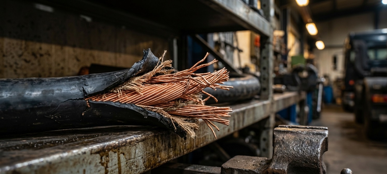 Frayed industrial cable with exposed braided copper conductors resting on a workbench in an industrial maintenance shop
