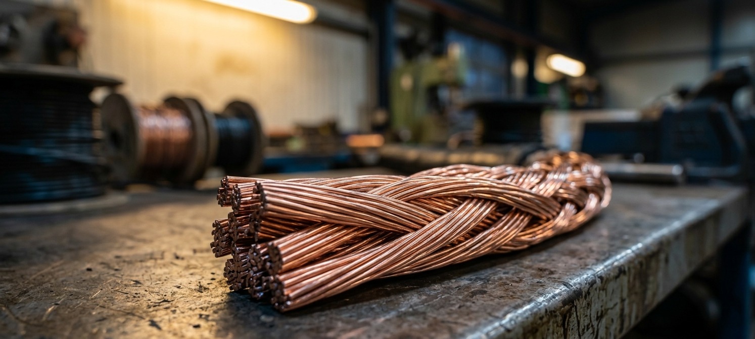 Braided copper wire conductor strands on a workbench in an industrial electrical manufacturing shop